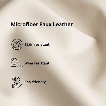Microfiber faux leather material with features listed on a beige background