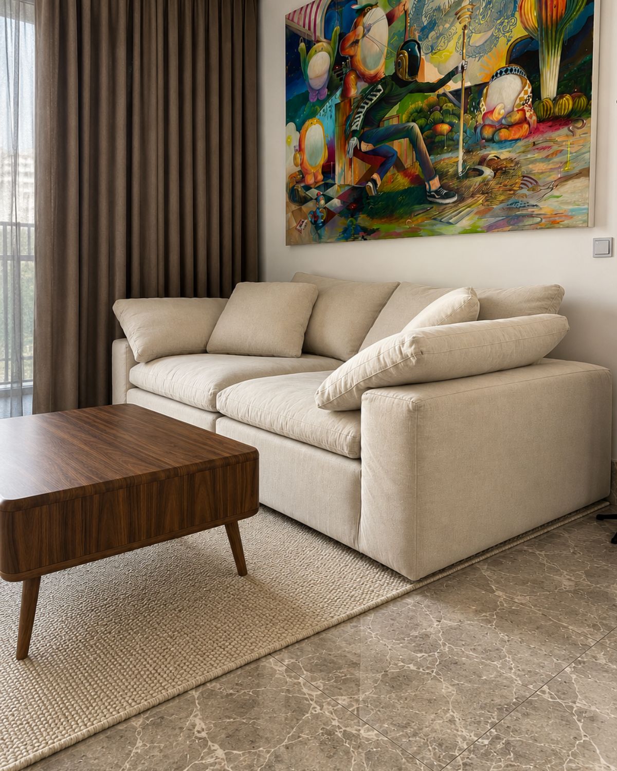 Beige 3-seater sofa with decorative pillows in a living room setting.