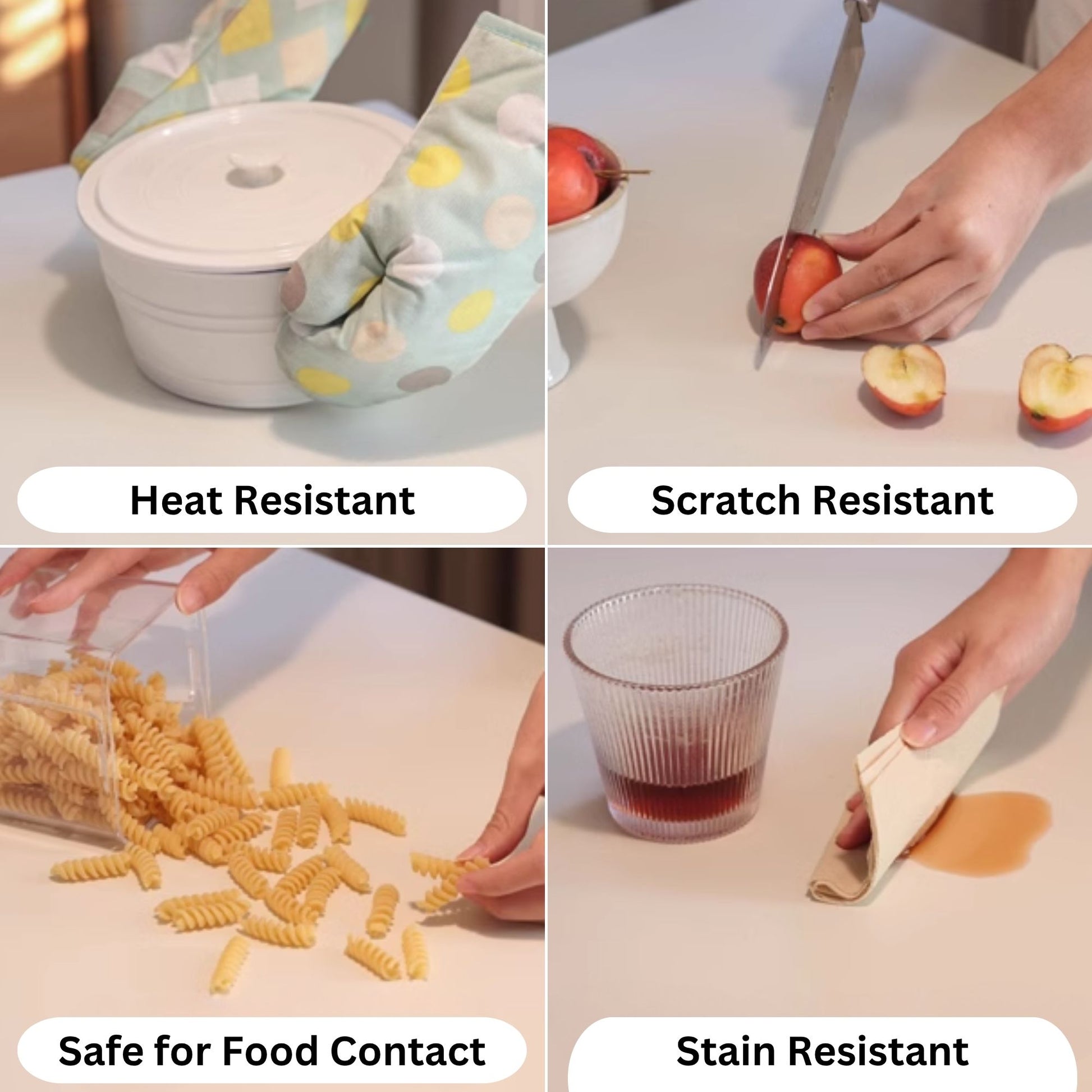 Collage of a heat-resistant, scratch-resistant, safe for food contact, and stain-resistant product being used.