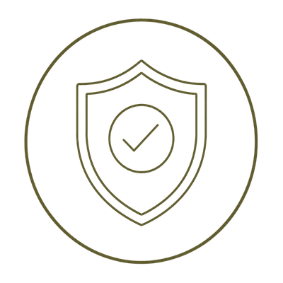 Icon of a shield with a check mark inside a circle on a white background