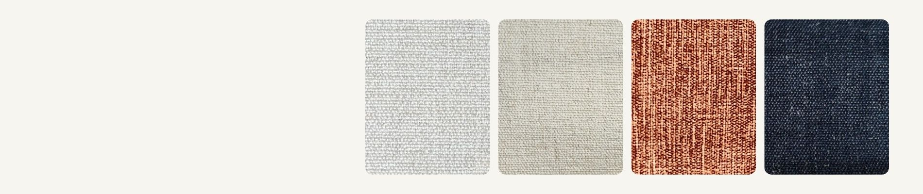 Four square fabric texture swatches shown side by side on a light gray background: a white textured swatch, a light beige textured swatch, a rust-orange textured swatch, and a dark navy textured swatch.